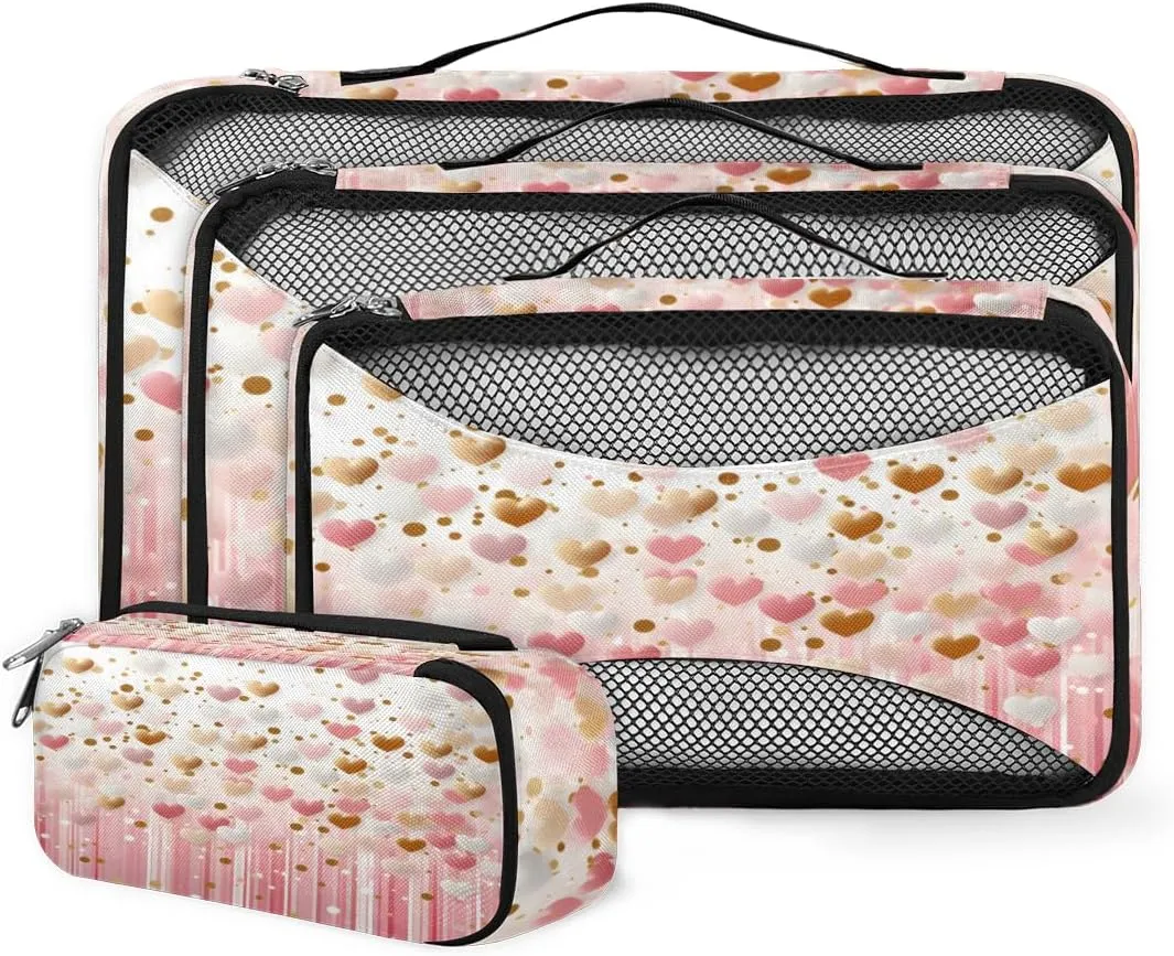 4 Set Packing Cubes for Suitcases, Travel Essentials for Carry on Luggage, Suitcase Organizers for Clothes Shoes Toiletries Travel Accessories in 4 Sizes - Pink Gold Heart