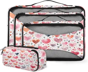 4 Set Packing Cubes for Suitcases, Travel Essentials for Carry on Luggage, Suitcase Organizers for Clothes Shoes Toiletries Travel Accessories in 4 Sizes - Pink Orange Heart
