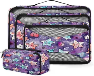 4 Set Packing Cubes for Suitcases, Travel Essentials for Carry on Luggage, Suitcase Organizers for Clothes Shoes Toiletries Travel Accessories in 4 Sizes - Purple Star Heart