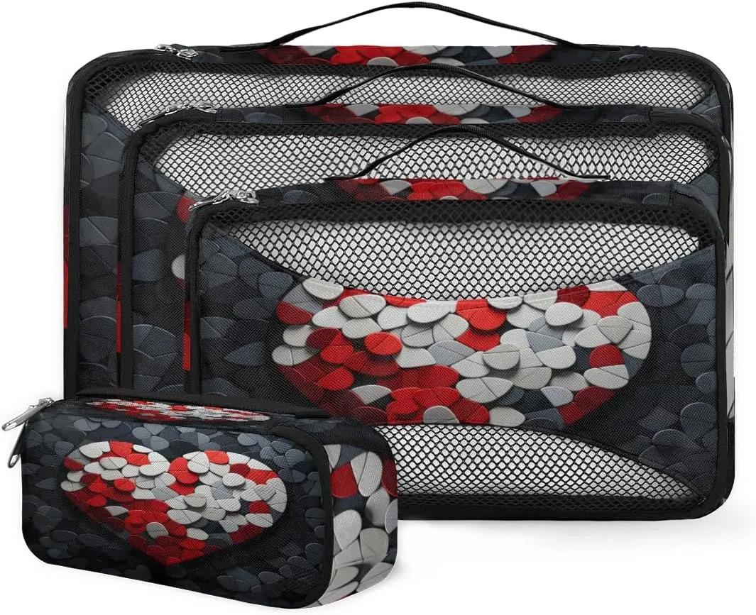 4 Set Packing Cubes for Suitcases, Travel Essentials for Carry on Luggage, Suitcase Organizers for Clothes Shoes Toiletries Travel Accessories in 4 Sizes - Red Heart Jigsaw
