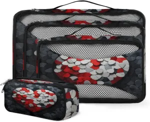 4 Set Packing Cubes for Suitcases, Travel Essentials for Carry on Luggage, Suitcase Organizers for Clothes Shoes Toiletries Travel Accessories in 4 Sizes - Red Heart Jigsaw