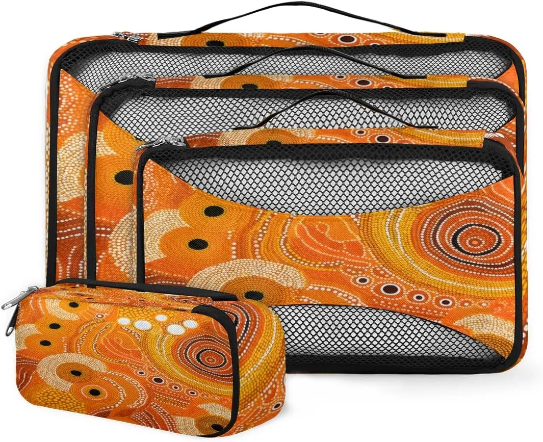 4 Set Packing Cubes for Suitcases, Travel Essentials for Carry on Luggage, Suitcase Organizers for Clothes Shoes Toiletries Travel Accessories in 4 Sizes - Retro Orange Pattern