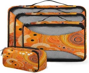 4 Set Packing Cubes for Suitcases, Travel Essentials for Carry on Luggage, Suitcase Organizers for Clothes Shoes Toiletries Travel Accessories in 4 Sizes - Retro Orange Pattern