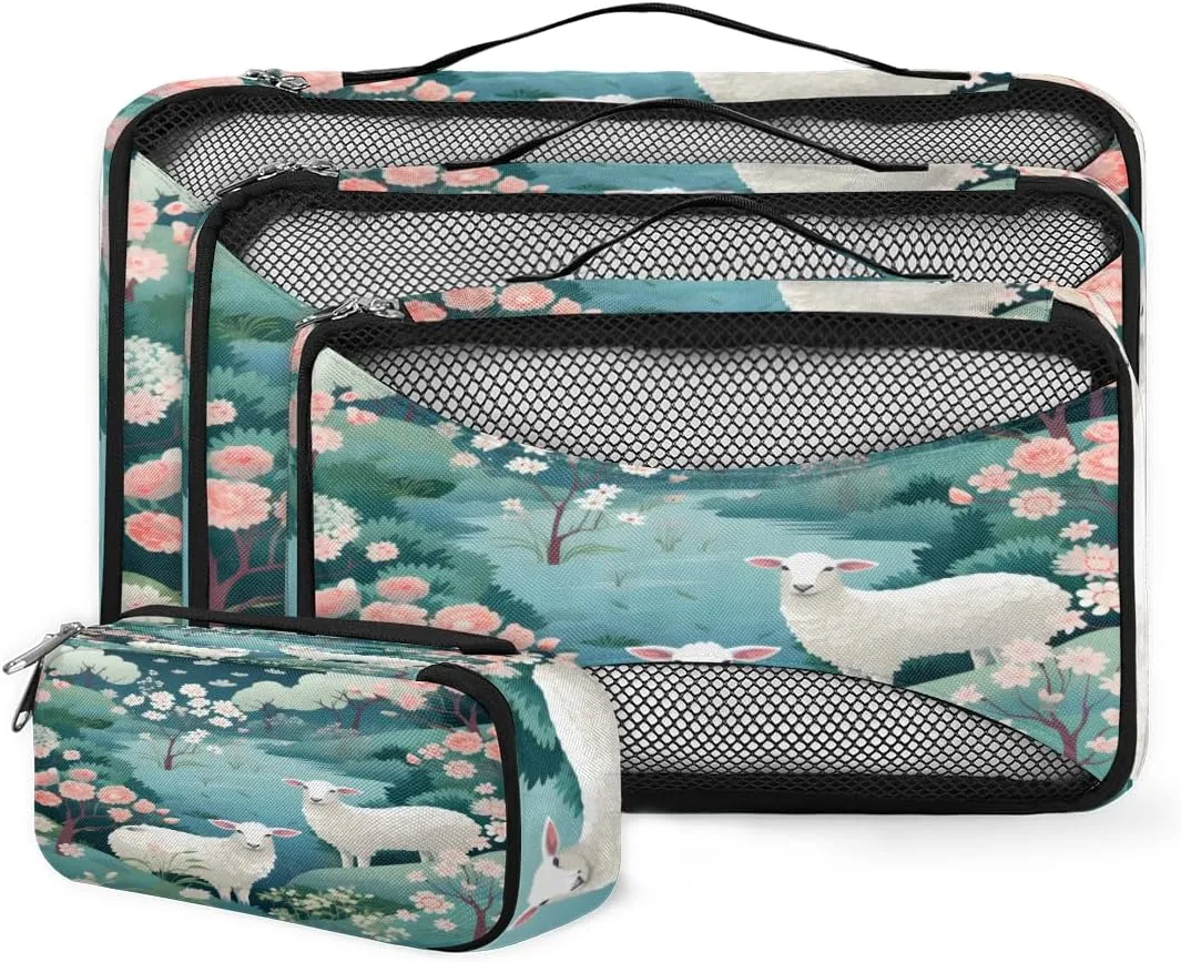 4 Set Packing Cubes for Suitcases, Travel Essentials for Carry on Luggage, Suitcase Organizers for Clothes Shoes Toiletries Travel Accessories in 4 Sizes - Sheep Flowers