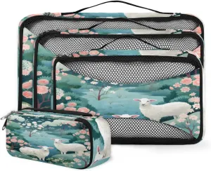 4 Set Packing Cubes for Suitcases, Travel Essentials for Carry on Luggage, Suitcase Organizers for Clothes Shoes Toiletries Travel Accessories in 4 Sizes - Sheep Flowers