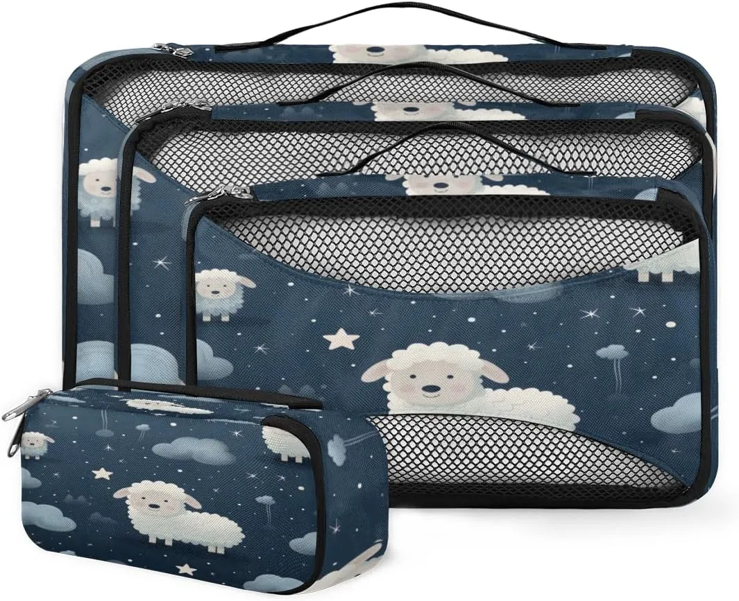 4 Set Packing Cubes for Suitcases, Travel Essentials for Carry on Luggage, Suitcase Organizers for Clothes Shoes Toiletries Travel Accessories in 4 Sizes - Sheep Night Star
