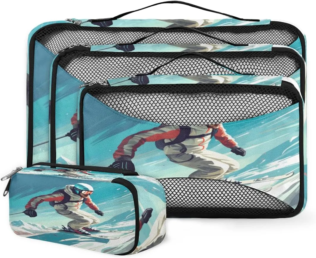 4 Set Packing Cubes for Suitcases, Travel Essentials for Carry on Luggage, Suitcase Organizers for Clothes Shoes Toiletries Travel Accessories in 4 Sizes - Skiing