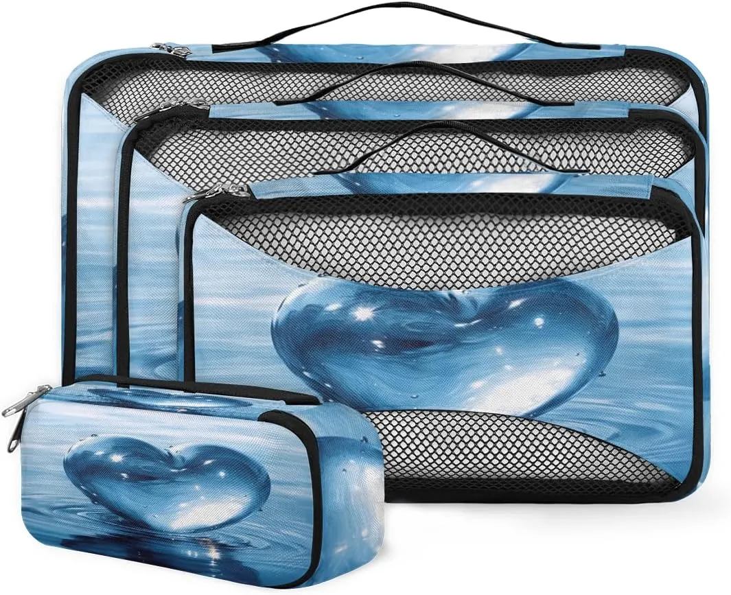4 Set Packing Cubes for Suitcases, Travel Essentials for Carry on Luggage, Suitcase Organizers for Clothes Shoes Toiletries Travel Accessories in 4 Sizes - Water Heart