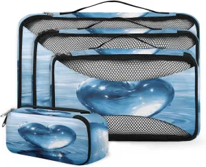 4 Set Packing Cubes for Suitcases, Travel Essentials for Carry on Luggage, Suitcase Organizers for Clothes Shoes Toiletries Travel Accessories in 4 Sizes - Water Heart