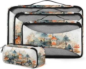 4 Set Packing Cubes for Suitcases, Travel Essentials for Carry on Luggage, Suitcase Organizers for Clothes Shoes Toiletries Travel Accessories in 4 Sizes - Watercolor Castle
