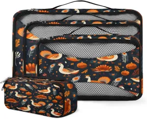 4 Set Packing Cubes for Suitcases, Travel Essentials for Carry on Luggage, Thanksgiving Suitcase Organizers for Clothes Shoes Toiletries Travel Accessories in 4 Sizes - Turkey Pumpkin