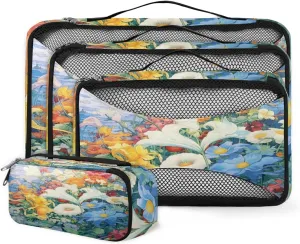 4 Set Packing Cubes for Suitcases, Travel Essentials for Carry on Luggage, Watercolor Flowers Suitcase Organizers for Clothes Shoes Toiletries Travel Accessories in 4 Sizes - Artistic Flowers