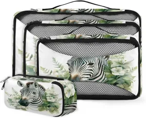 4 Set Packing Cubes for Suitcases, Travel Essentials for Carry on Luggage, Watercolor Flowers Suitcase Organizers for Clothes Shoes Toiletries Travel Accessories in 4 Sizes - Zebra