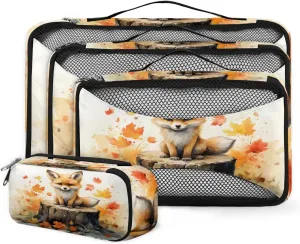 4 Set Packing Cubes for Suitcases, Travel Essentials for Carry on Luggage, Watercolor Fox Suitcase Organizers for Clothes Shoes Toiletries Travel Accessories in 4 Sizes - Flower Fox