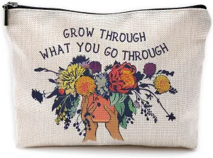 460-BH-MKB Go Through Mental Health Floral Retro Makeup Bag Travel Cosmetic Bags,Motivational Self Love Quote Cosmetic Makeup Bags with Zipper Pouch Travel Toiletry Case,Encouragement Gifts
