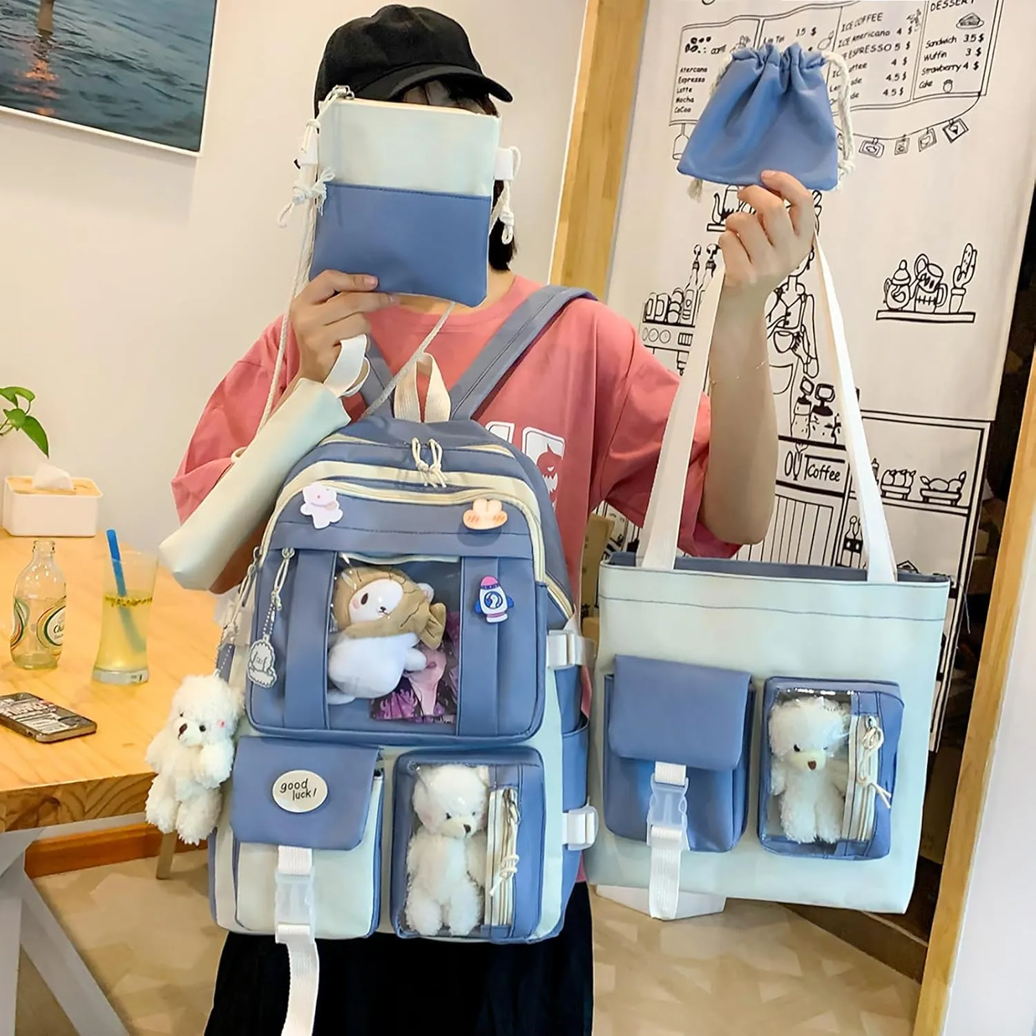 5-Piece Aesthetic Kawaii Backpack Set with Kawaii Pin and Pendants Accessories, Nylon Material | Durable & Adorable