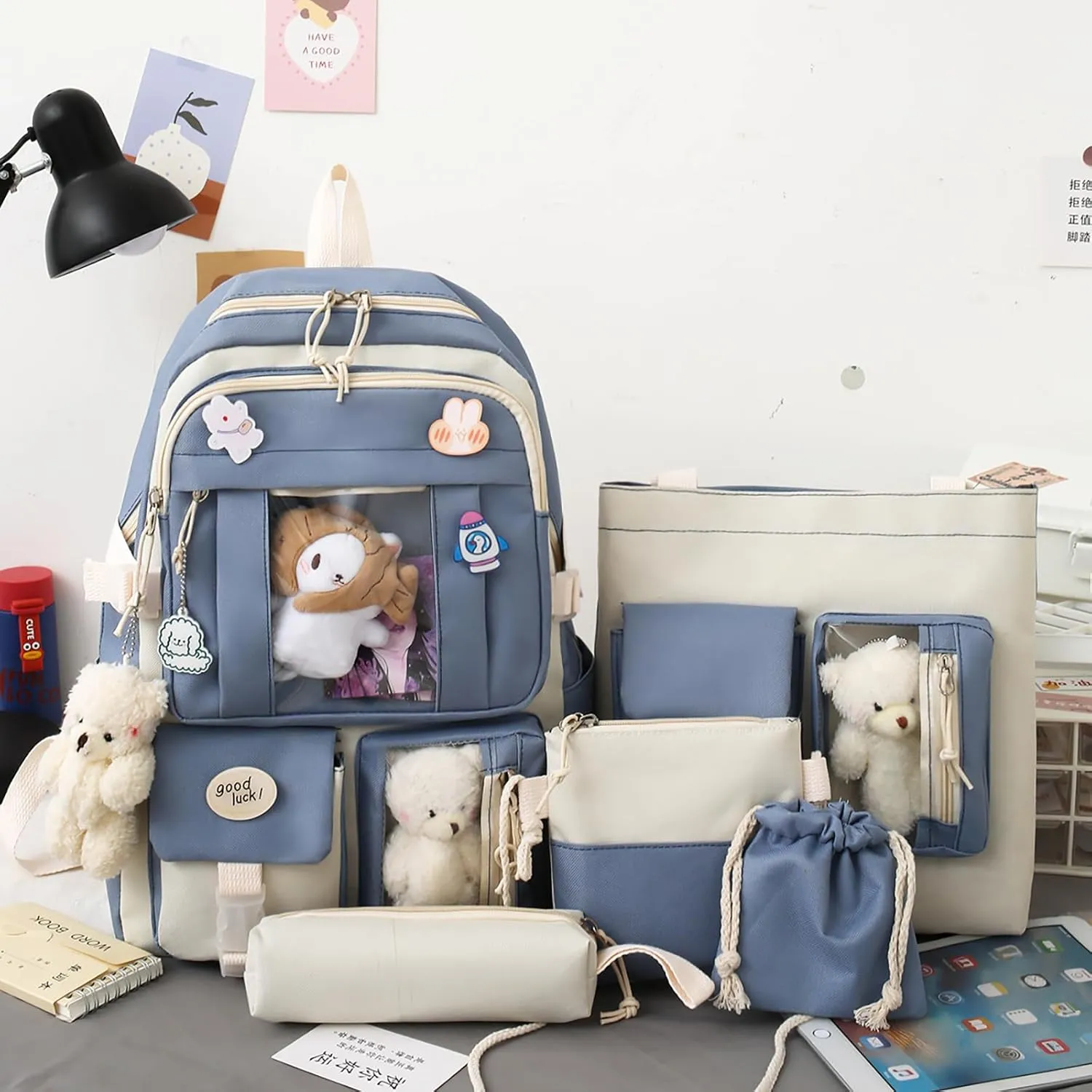 5-Piece Aesthetic Kawaii Backpack Set with Kawaii Pin and Pendants Accessories, Nylon Material | Durable & Adorable