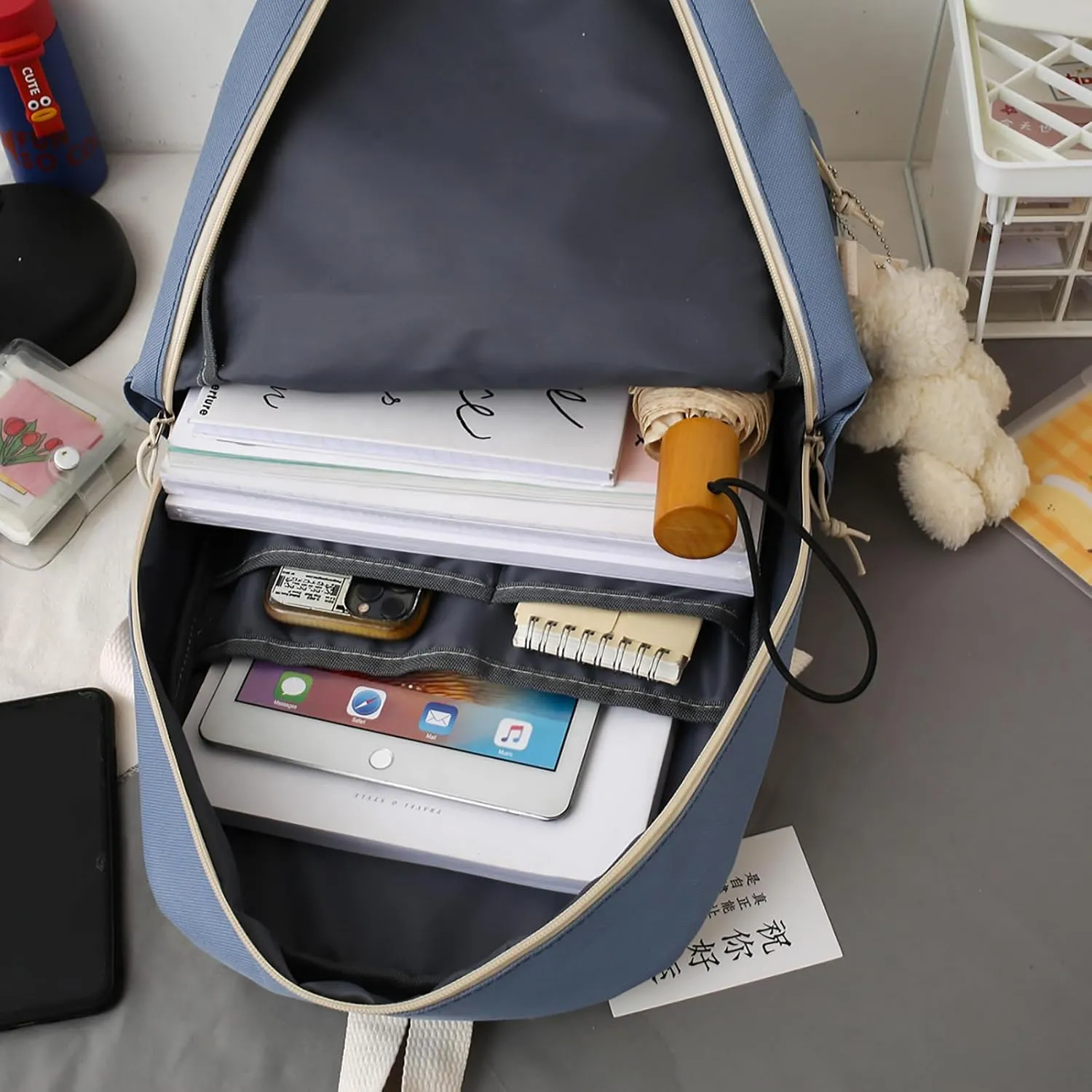 5-Piece Aesthetic Kawaii Backpack Set with Kawaii Pin and Pendants Accessories, Nylon Material | Durable & Adorable