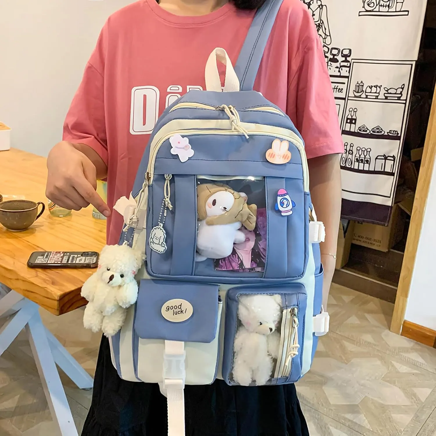 5-Piece Aesthetic Kawaii Backpack Set with Kawaii Pin and Pendants Accessories, Nylon Material | Durable & Adorable