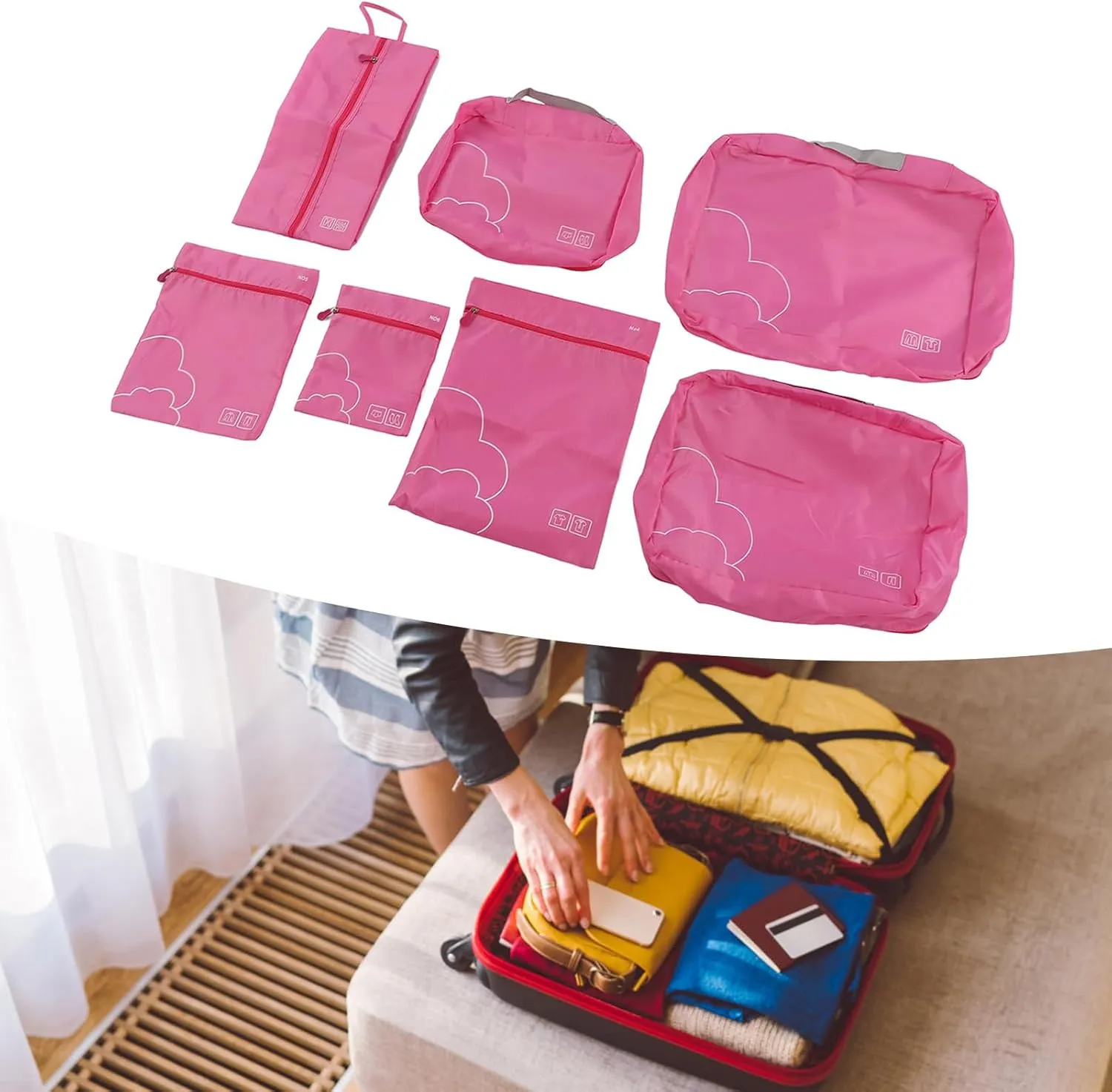 7 Pcs Luggage Packing Bags Polyester Waterproof Luggage Packing Cubes for Business Trip Travel (Rose)
