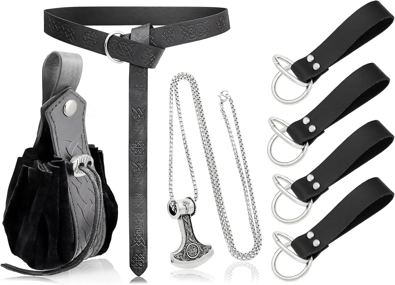7 Pcs Medieval Viking Leather Belt, Skirt Hikes Retro Drawstring Belt Bag Pouch and Stainless Steel Chain Axe Necklace, Renaissance Knight Accessories Set for LARP Ren Faire Costume