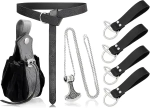 7 Pcs Medieval Viking Leather Belt, Skirt Hikes Retro Drawstring Belt Bag Pouch and Stainless Steel Chain Axe Necklace, Renaissance Knight Accessories Set for LARP Ren Faire Costume