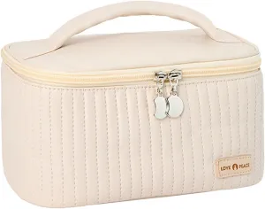 Aesthetic Makeup Bag Leather Open Flat Portable Large Travel Cosmetic Bags for Women Large Toiletry Bags for Women Skincare Organizer for Women Wife Girlfriend Birthday Gifts Valentines Day Gifts