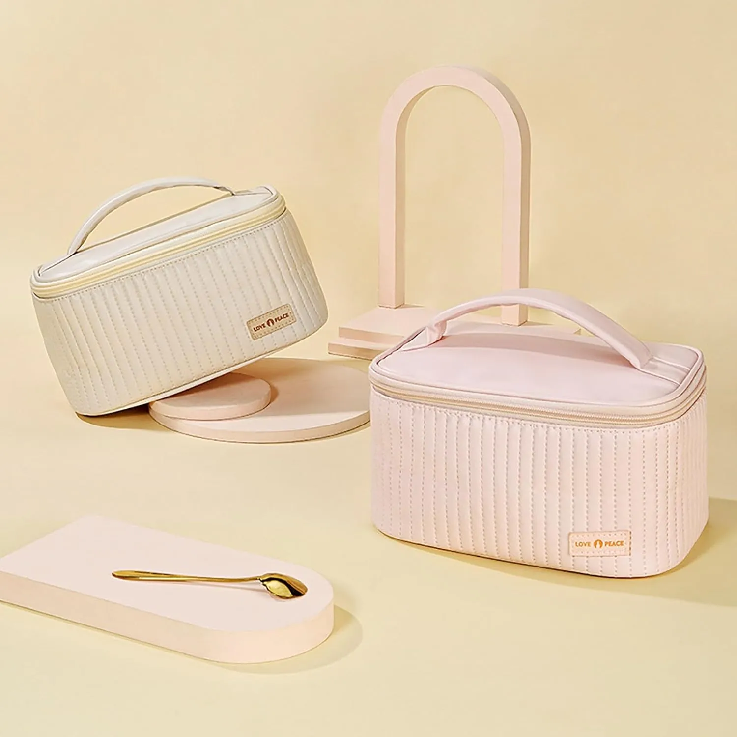Aesthetic Makeup Bag Leather Open Flat Portable Large Travel Cosmetic Bags for Women Large Toiletry Bags for Women Skincare Organizer for Women Wife Girlfriend Birthday Gifts Valentines Day Gifts