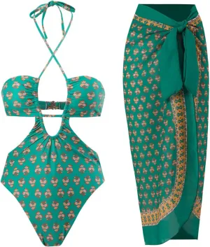 AFAVOM Women's One Piece Swimsuit with Cover up Beach Skirt Sarong Two Piece Floral Printed Monokini Swimsuit Bathing Suit
