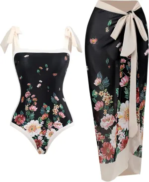 AFAVOM Women's One Piece Swimsuit with Cover up Beach Skirt Sarong Two Piece Floral Printed Monokini Swimsuit Bathing Suit