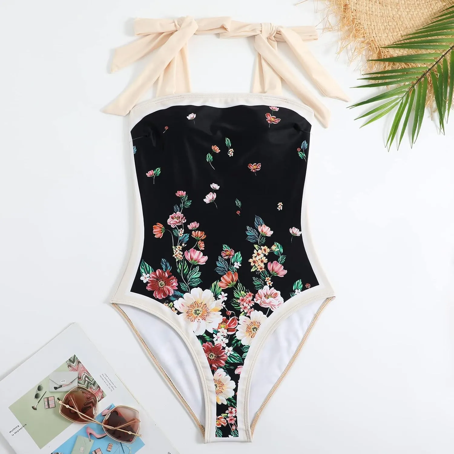 AFAVOM Women's One Piece Swimsuit with Cover up Beach Skirt Sarong Two Piece Floral Printed Monokini Swimsuit Bathing Suit
