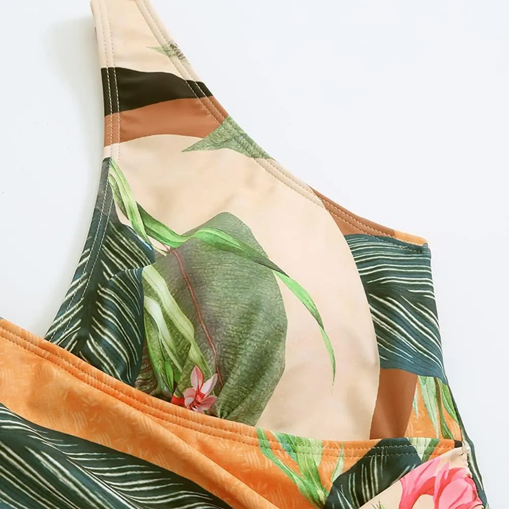 AFAVOM Women's One Piece Swimsuit with Cover up Beach Skirt Sarong Two Piece Floral Printed Monokini Swimsuit Bathing Suit