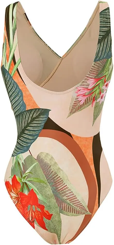 AFAVOM Women's One Piece Swimsuit with Cover up Beach Skirt Sarong Two Piece Floral Printed Monokini Swimsuit Bathing Suit