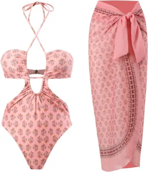AFAVOM Women's One Piece Swimsuit with Cover up Beach Skirt Sarong Two Piece Floral Printed Monokini Swimsuit Bathing Suit