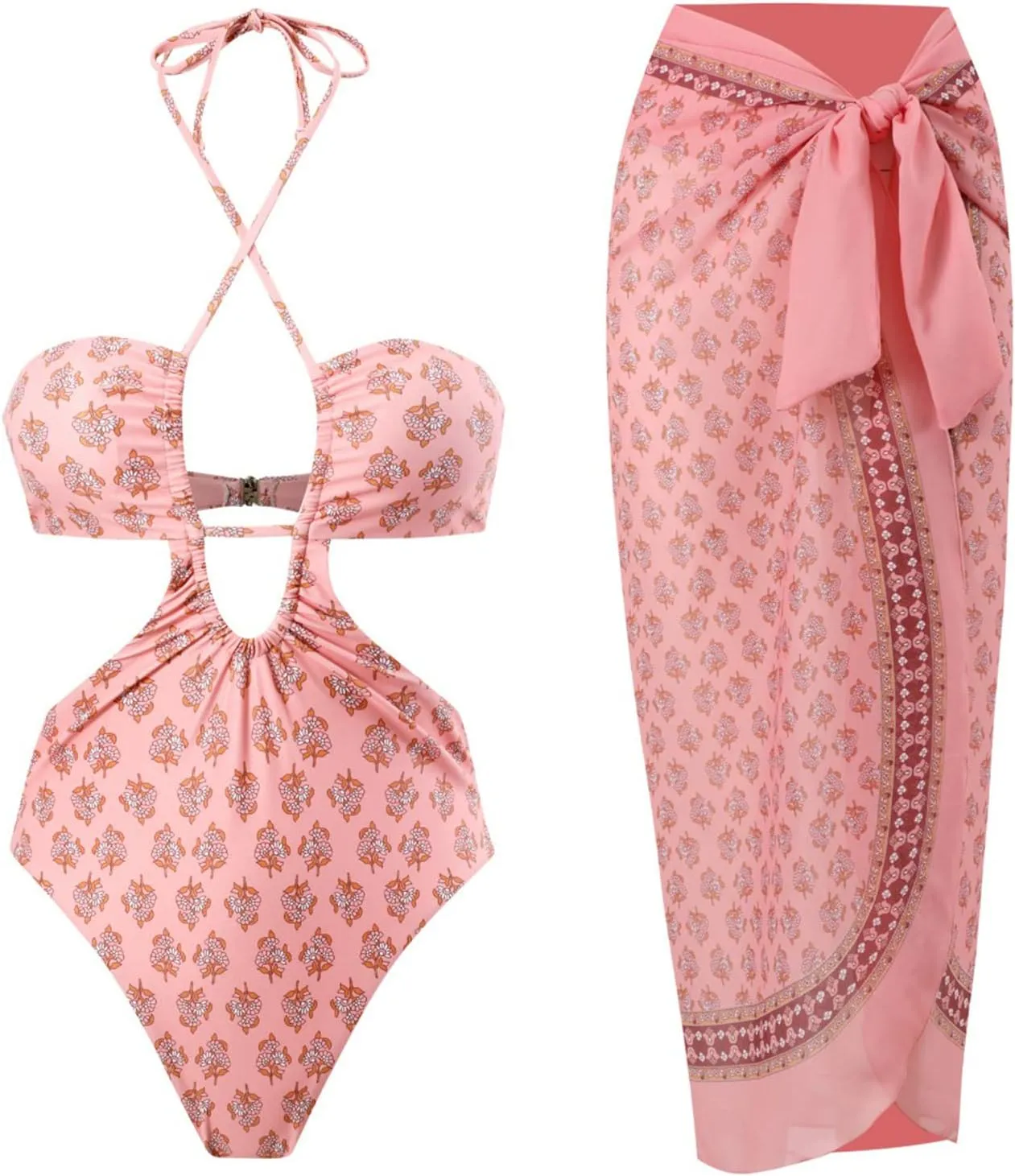AFAVOM Women's One Piece Swimsuit with Cover up Beach Skirt Sarong Two Piece Floral Printed Monokini Swimsuit Bathing Suit