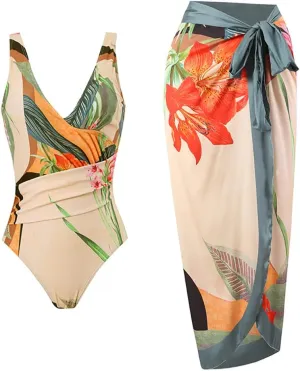 AFAVOM Women's One Piece Swimsuit with Cover up Beach Skirt Sarong Two Piece Floral Printed Monokini Swimsuit Bathing Suit