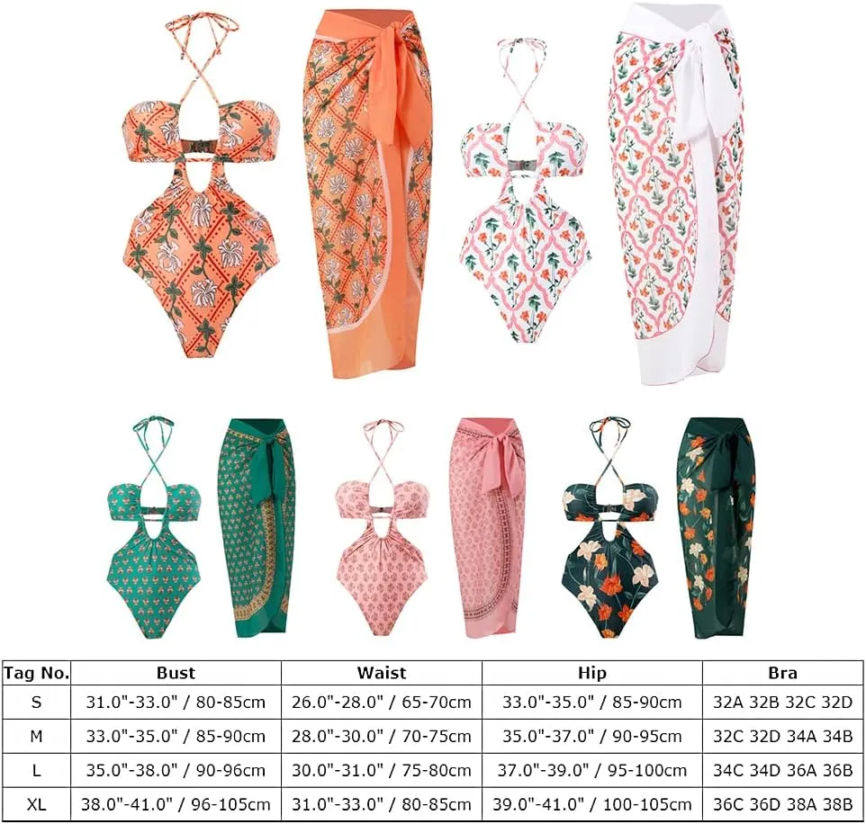 AFAVOM Women's One Piece Swimsuit with Cover up Beach Skirt Sarong Two Piece Floral Printed Monokini Swimsuit Bathing Suit