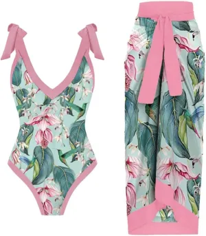 AFAVOM Women's One Piece Swimsuit with Cover up Beach Skirt Sarong Two Piece Floral Printed Monokini Swimsuit Bathing Suit