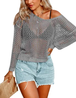 AI'MAGE Womens Crochet Tops Long Sleeve Hollow Out Swim Cover Up 2025 Beach Bikini Swimsuit Summer Tunic Top