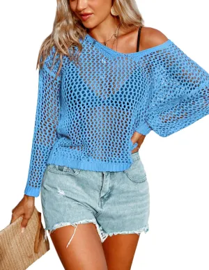 AI'MAGE Womens Crochet Tops Long Sleeve Hollow Out Swim Cover Up 2025 Beach Bikini Swimsuit Summer Tunic Top