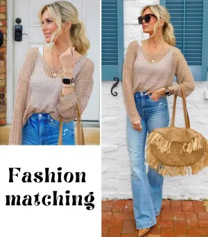 AI'MAGE Womens Crochet Tops Long Sleeve Hollow Out Swim Cover Up 2025 Beach Bikini Swimsuit Summer Tunic Top
