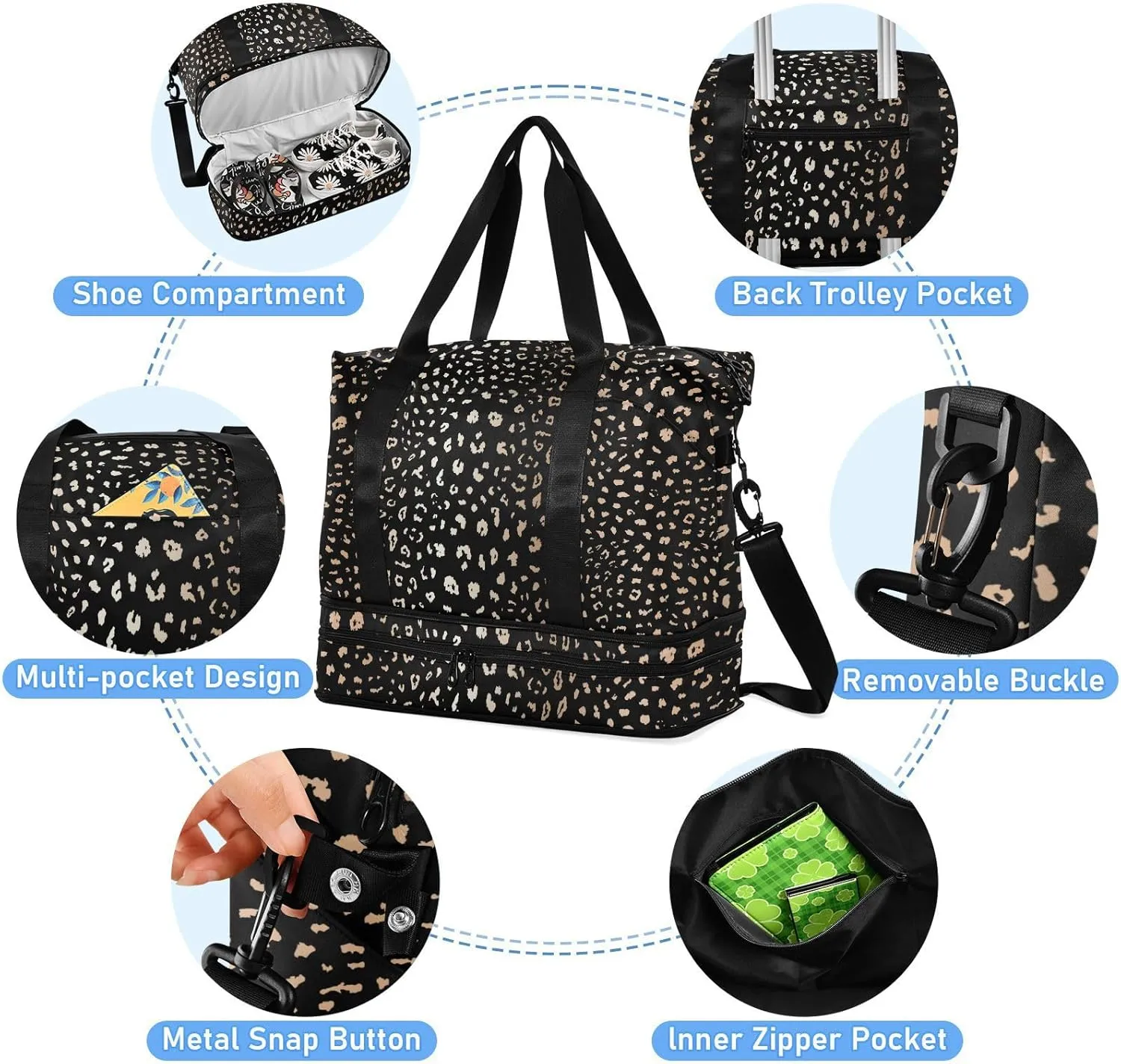 ALAZA Leopard Spot on Black Background Gym Bag Sports Duffel Bag with Shoes Compartment, Overnight Weekender Travel Tote Bag for Women Men Trip College