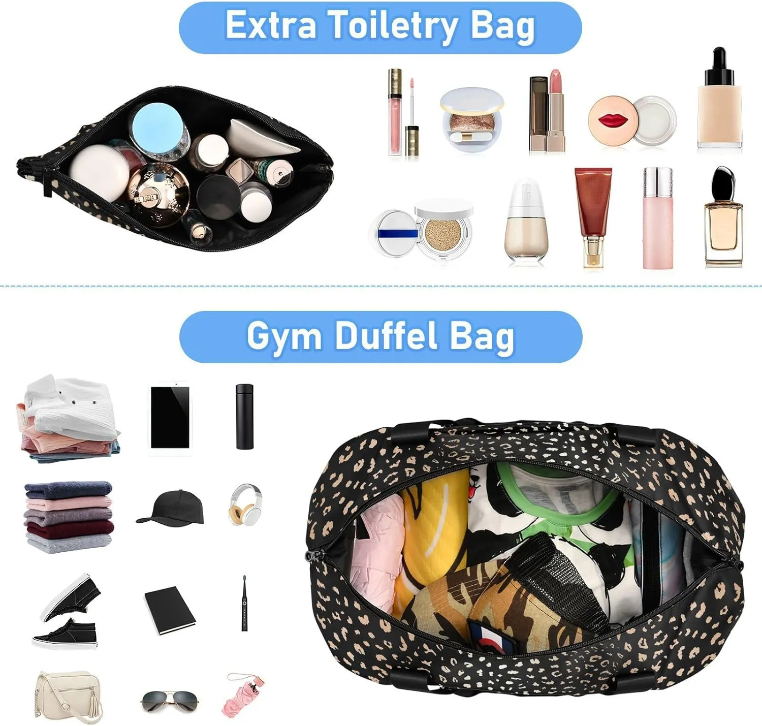ALAZA Leopard Spot on Black Background Gym Bag Sports Duffel Bag with Shoes Compartment, Overnight Weekender Travel Tote Bag for Women Men Trip College