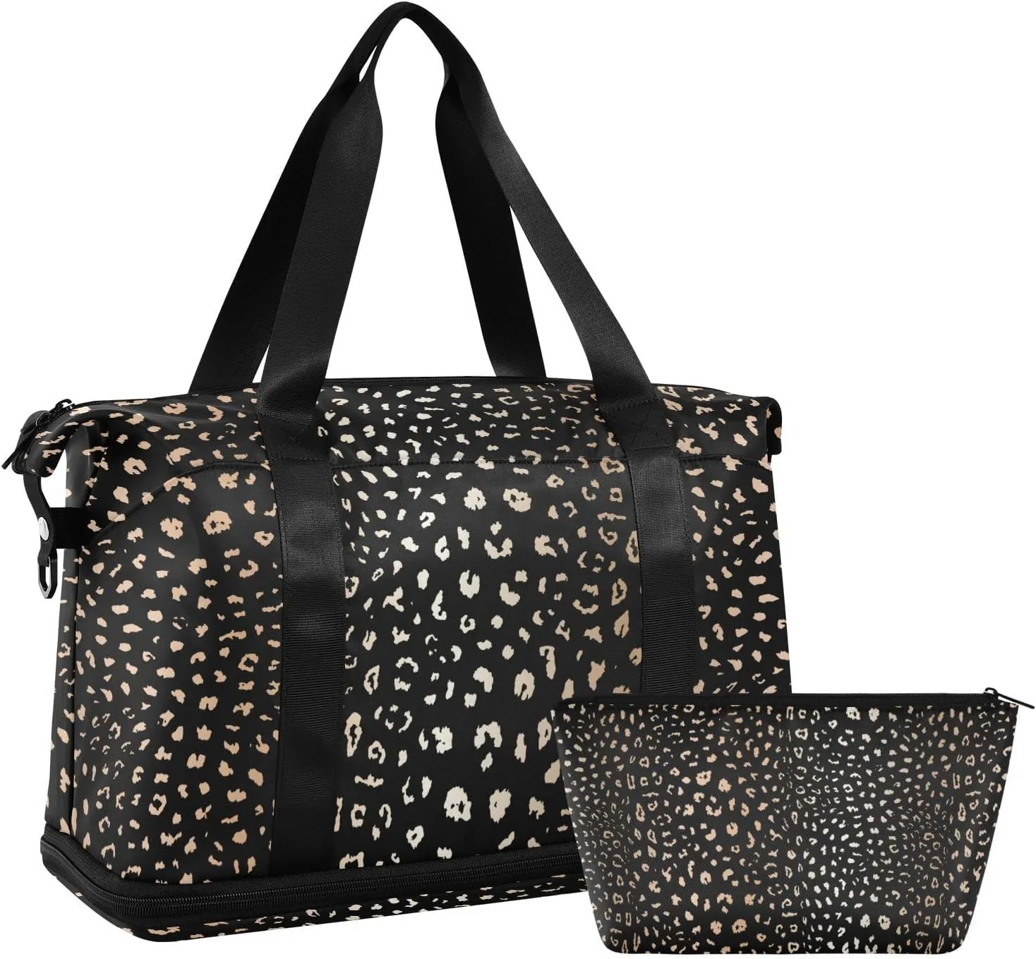 ALAZA Leopard Spot on Black Background Gym Bag Sports Duffel Bag with Shoes Compartment, Overnight Weekender Travel Tote Bag for Women Men Trip College