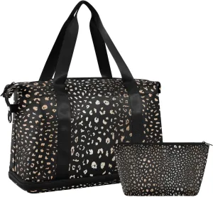 ALAZA Leopard Spot on Black Background Gym Bag Sports Duffel Bag with Shoes Compartment, Overnight Weekender Travel Tote Bag for Women Men Trip College