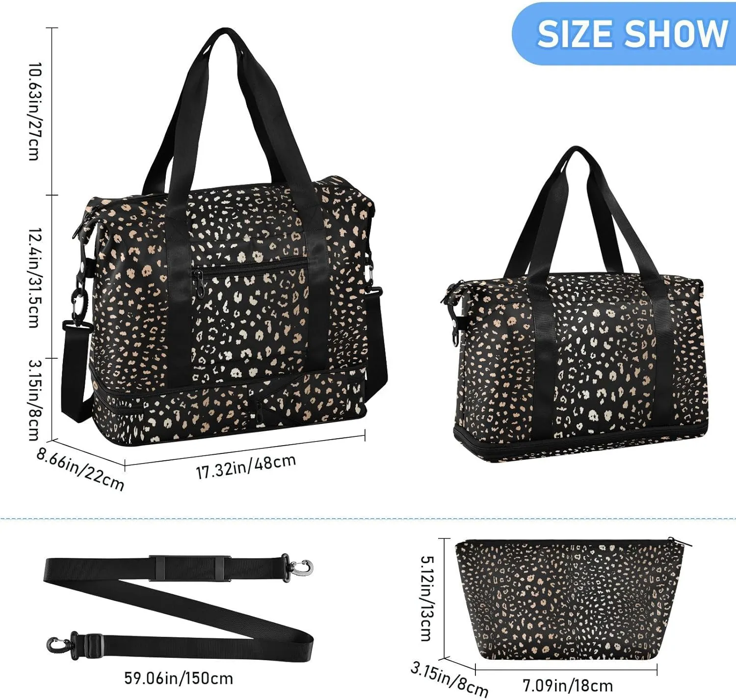 ALAZA Leopard Spot on Black Background Gym Bag Sports Duffel Bag with Shoes Compartment, Overnight Weekender Travel Tote Bag for Women Men Trip College