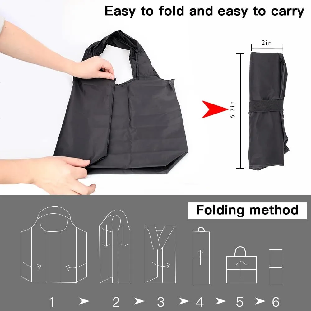 Aricsen 10 Pack Durable Folding Large Kitchen Reusable Shopping Bags with Handles Bulk, Recycle Foldable Grocery Heavy Duty Washable into Pocket Portable Nylon Tote, Polyester Cloth, Black