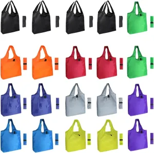 Aricsen 20 Pack Durable Colorful Folding Reusable Grocery Bags Handles Bulk Strong, Colored Eco Friendly Shopping Foldable Kitchen Large Washable Pocket Nylon, Polyester Color Cloth Fabric