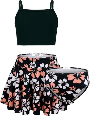 Arshiner Girls 3 Piece Swimsuit for Teen Girl Tankini Swimsuits Bathing Suit Beach Floral Bikini Swimwear with Skirt