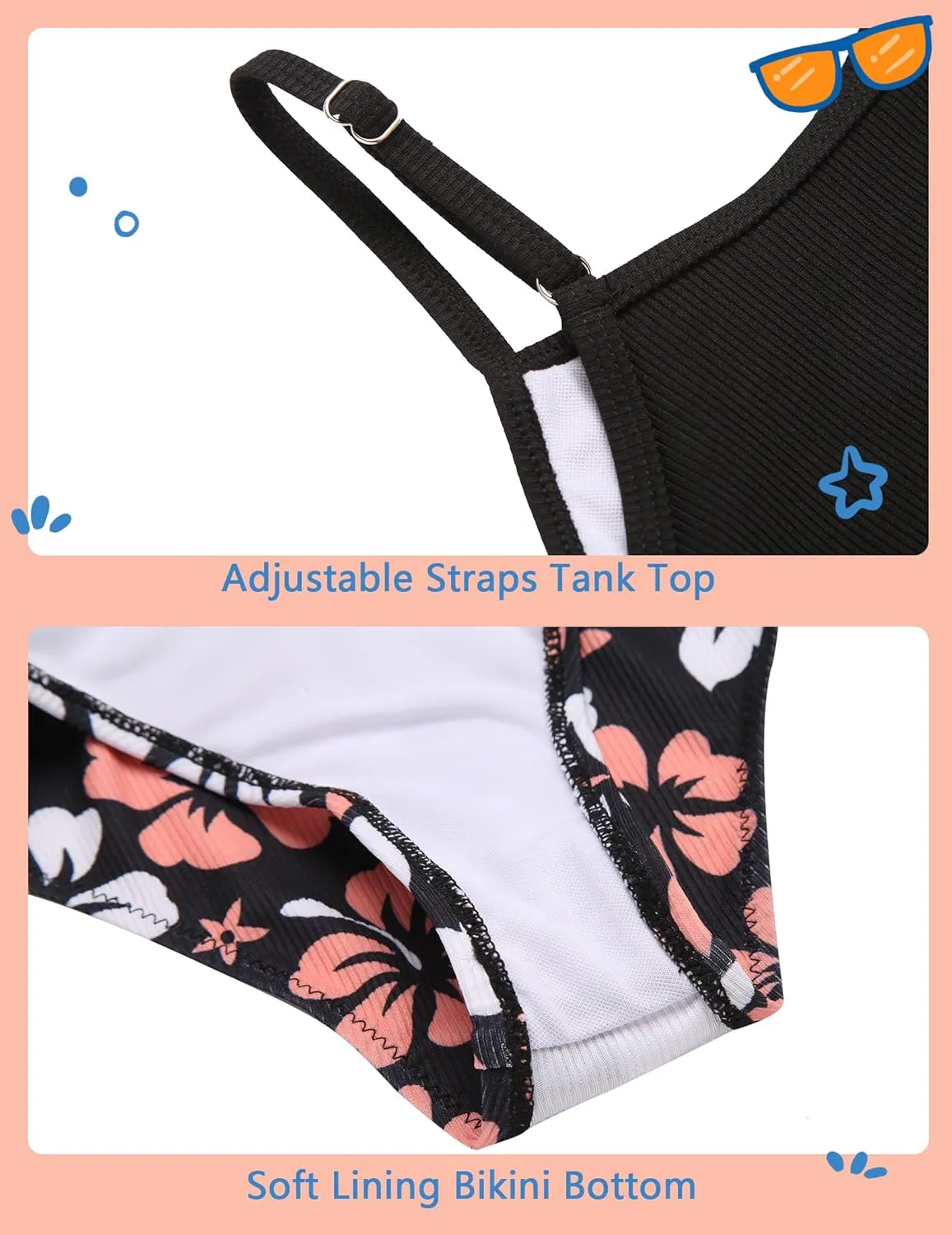 Arshiner Girls 3 Piece Swimsuit for Teen Girl Tankini Swimsuits Bathing Suit Beach Floral Bikini Swimwear with Skirt
